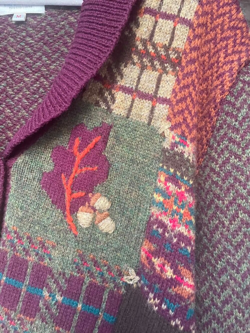 Vintage 90s Susan Bristol Wool Cardigan Sweater M Fall Equestrian Patchwork - Picture 3 of 8
